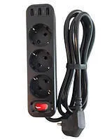 Мережевий фільтр,подовжувач Hoco NS2 НА 3USB + 3 розетки 1.8м Black