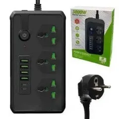 Мережевий фільтр,подовжувач J07 на 4usb + 2Type c + 3 розетки 3000W 2м Black