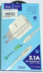Мзп Hoco C80A 2in1 (блок на Usb i Type C + Type C/Lighting) White (packing 12/130). Фото 8